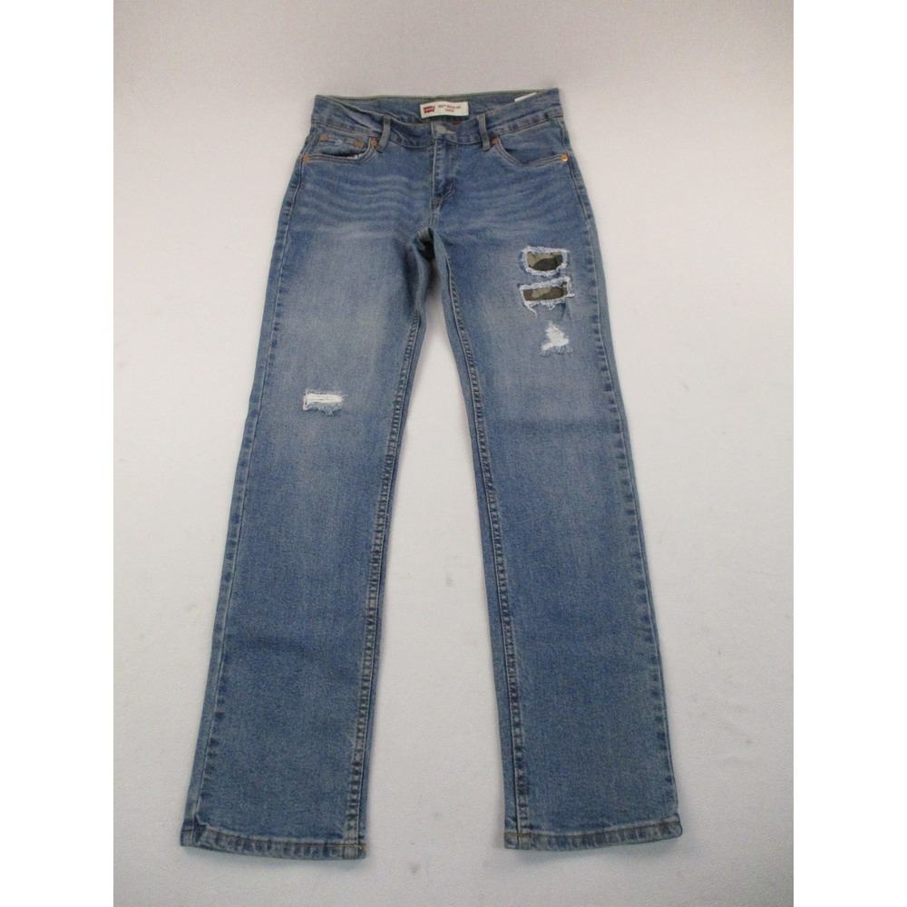 Levi's 502 Regular Taper Jeans Women 16 Blue Distressed Camo Patch Utility Denim